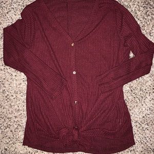 Waffle Knit Tie Long Sleeve Shirt